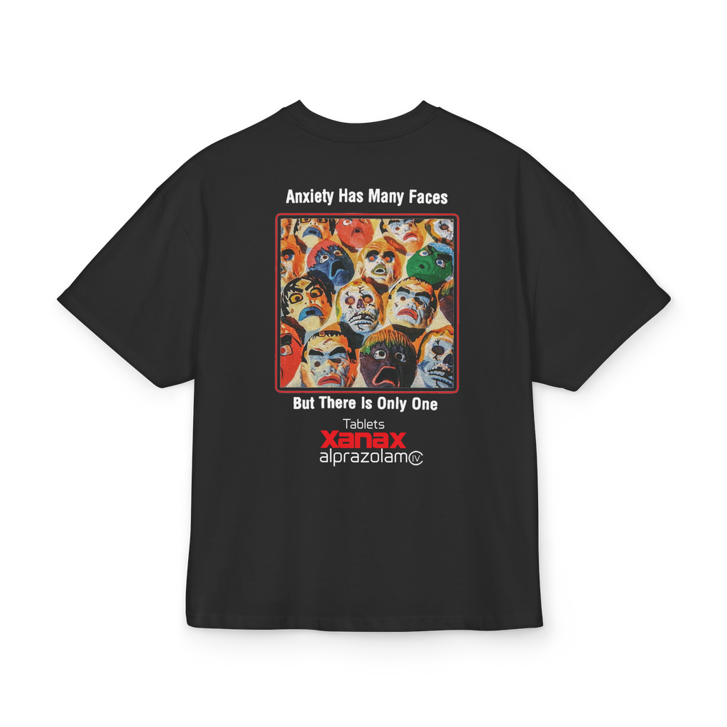 Black heavyweight t-shirt with 'Anxiety Has Many Faces' backprint and Xanax logo - Trap aesthetic - Offnoir