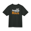 Black heavyweight t-shirt with stylized German 'Die Maus' mouse holding a Xanax bar and text 'AUF XANDUNG MIT DER MAUS' parody logo - Offnoir