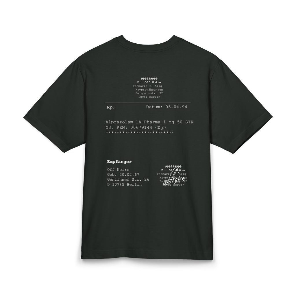 Black heavyweight t-shirt with authentic German 'Privatrezept' prescription print - Dr. Offnoir design - Offnoir