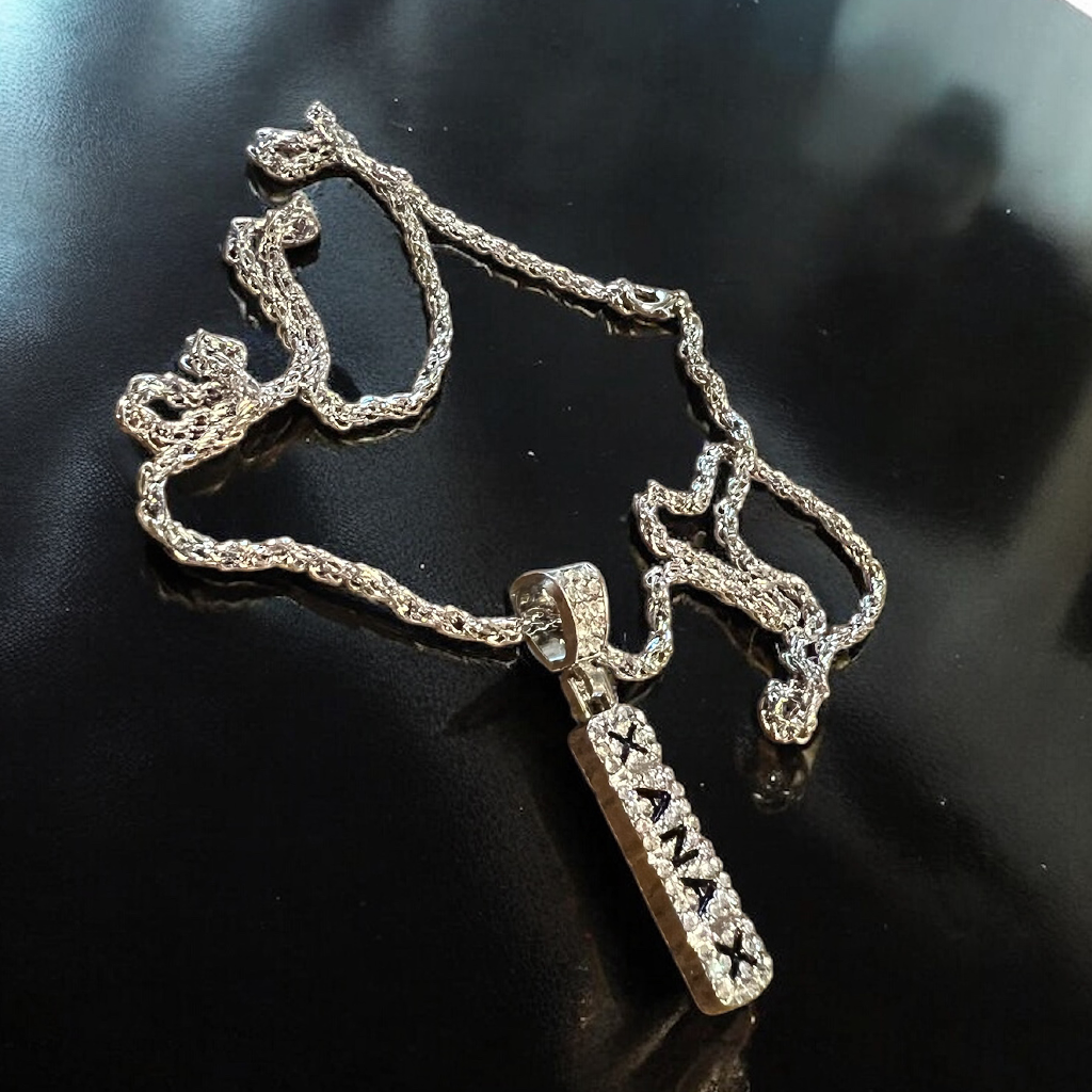 Silver iced out XANAX 2mg bar pendant necklace - Trap jewelry aesthetic - Offnoir