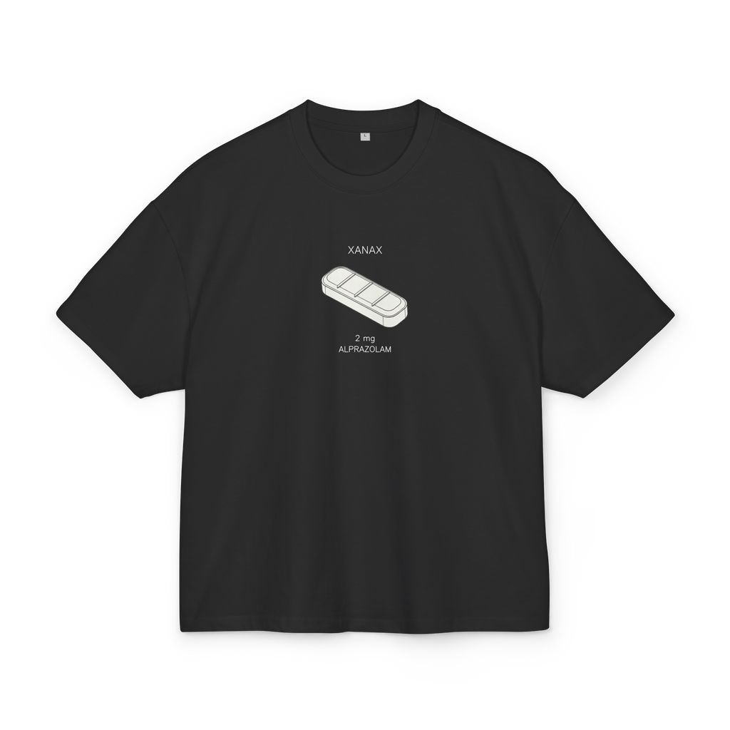 Black heavyweight boxy t-shirt with clean white isometric 3D Xanax 2mg bar print - Minimalist trap streetwear - Offnoir