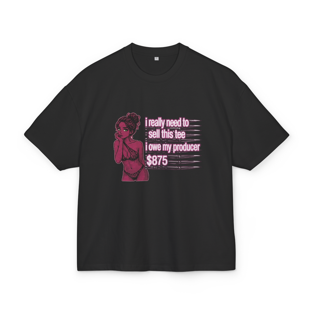 Black boxy t-shirt with pink anime girl graphic and 'I owe my producer $875' - Trap aesthetic - Offnoir