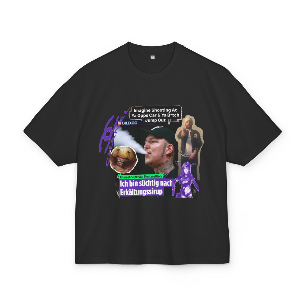 Black boxy t-shirt with 'Codein Tears' meme collage including MontanaBlack and syrup graphics - Offnoir