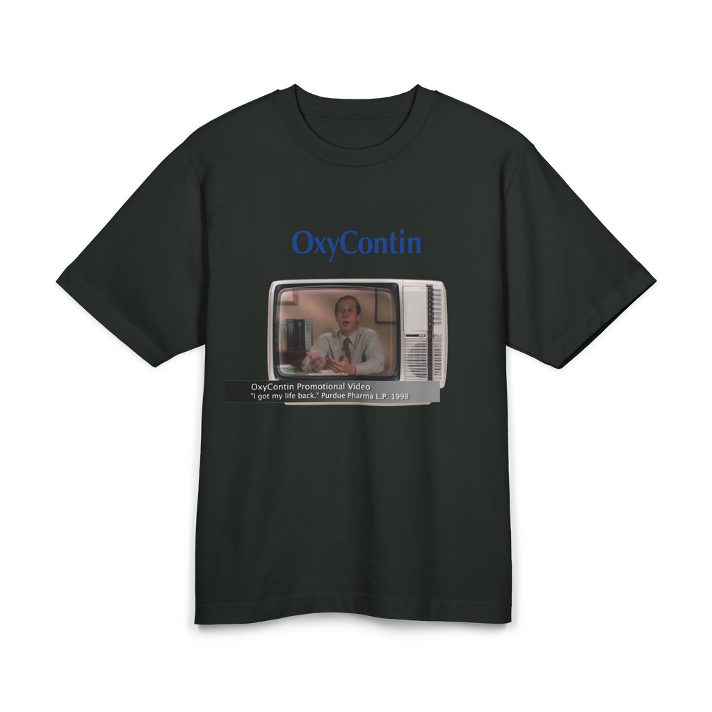 Black heavyweight t-shirt with vintage 'I Got My Life Back' OxyContin advertisement graphic - Offnoir