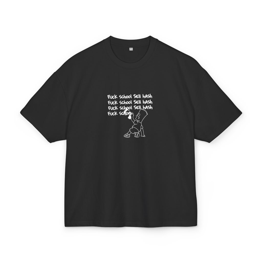 Black heavyweight t-shirt with Bart Simpson 'FUCK SCHOOL SELL HASH' graffiti graphic - Offnoir