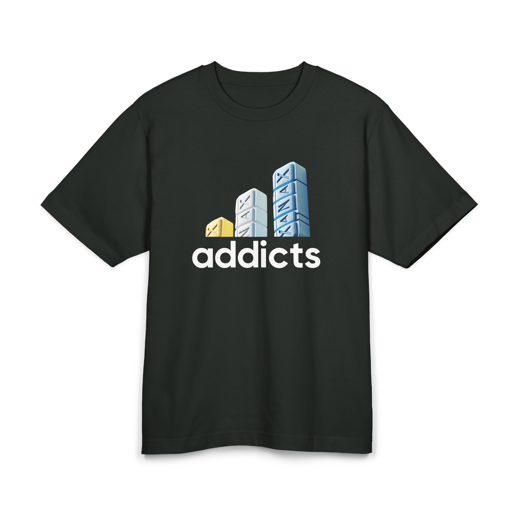 Black heavyweight t-shirt with 'addicts' text and three Xanax bars mimicking the Adidas logo - Trap aesthetic - Offnoir