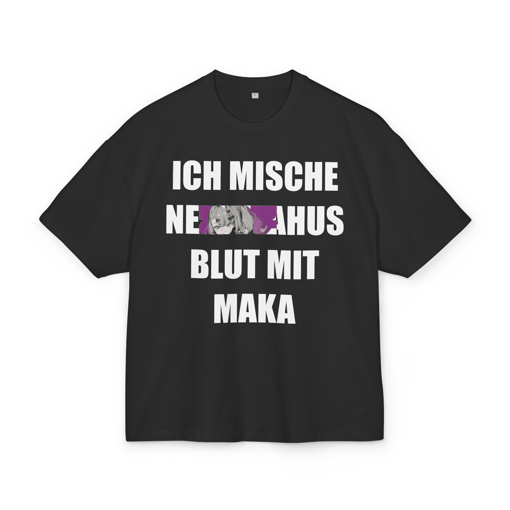 Black boxy t-shirt with white text and purple anime character censorship graphic - Offnoir