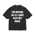 Black boxy t-shirt with white text and purple anime character censorship graphic - Offnoir