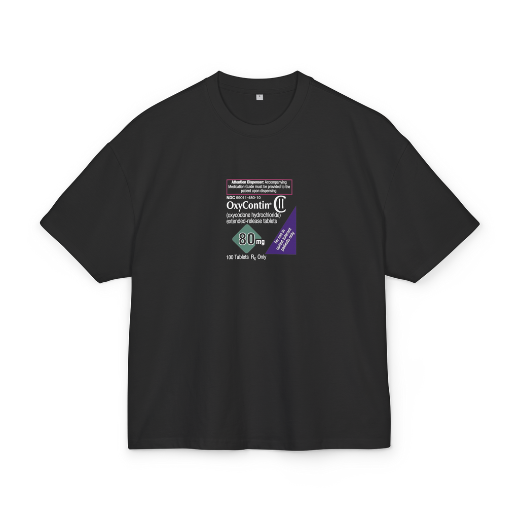 Black heavyweight t-shirt with green OXYCONTIN 80mg RX label print - Dark streetwear aesthetic - Offnoir