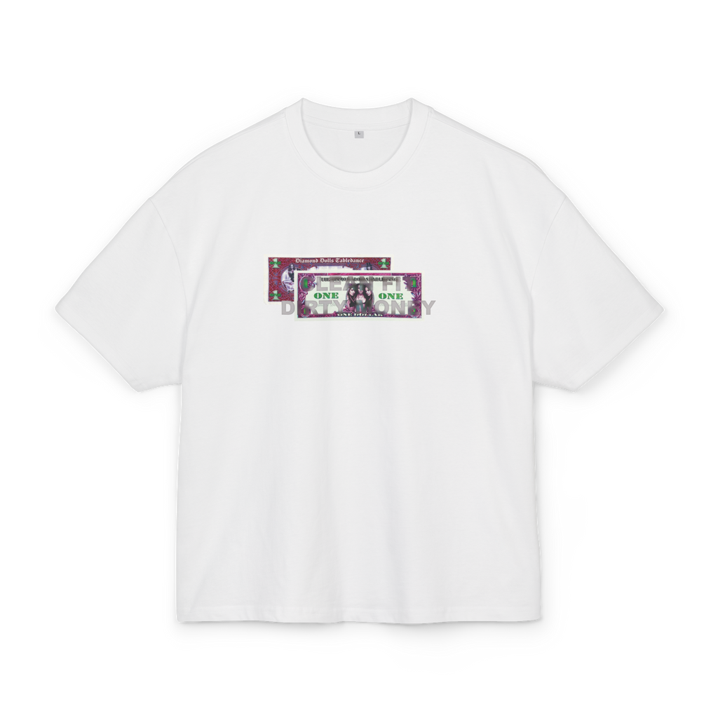 White heavyweight t-shirt with rolled-up Euro bill 'Dirty Money' graphic - Clean fit streetwear - Offnoir