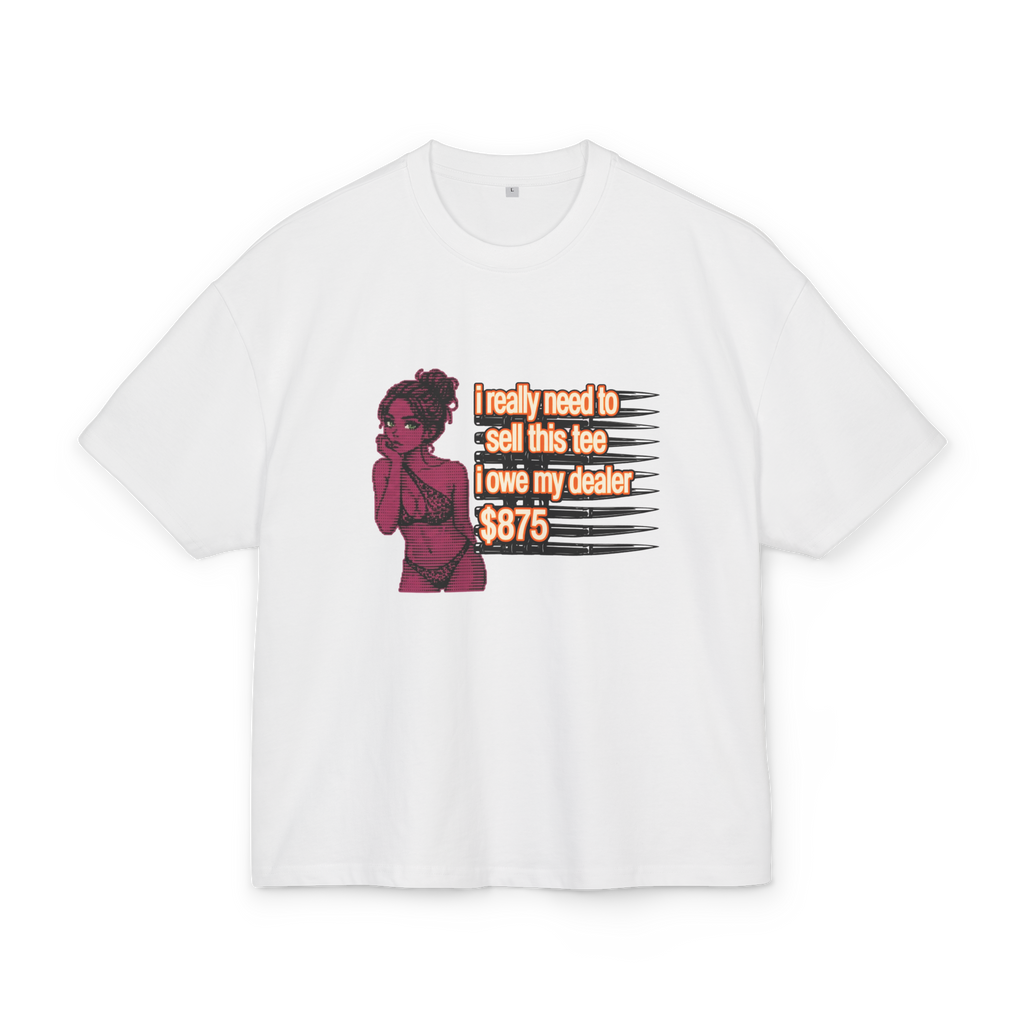 White boxy t-shirt with pink anime girl graphic and 'I owe my dealer $875' - Trap streetwear aesthetic - Offnoir
