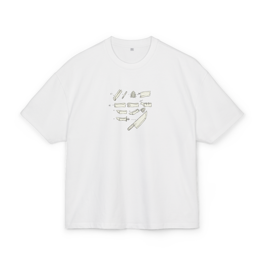 White boxy t-shirt with 'How to roll a joint' instruction turning into a giant sword - Trap aesthetic - Offnoir