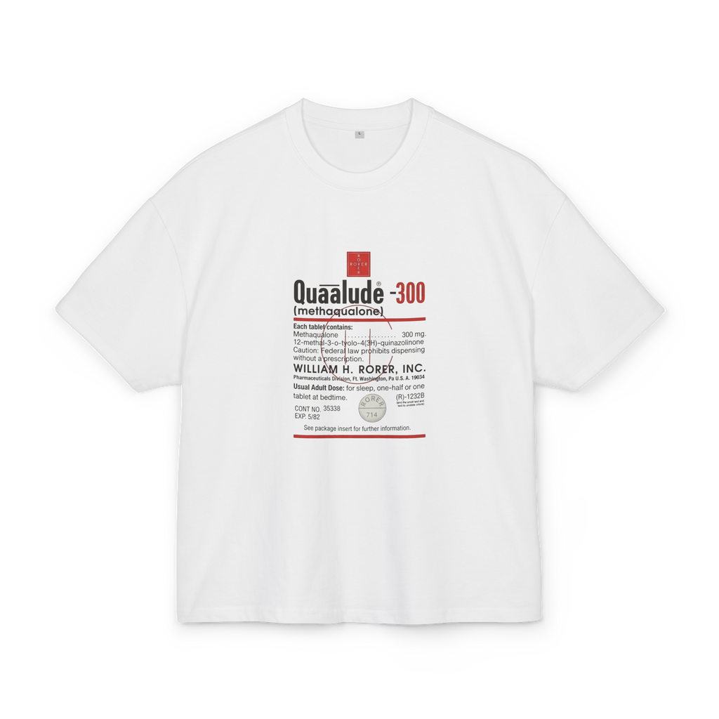 White 300gsm heavyweight t-shirt with blue Quaalude 300 circular graphic - Trap aesthetic streetwear - Offnoir