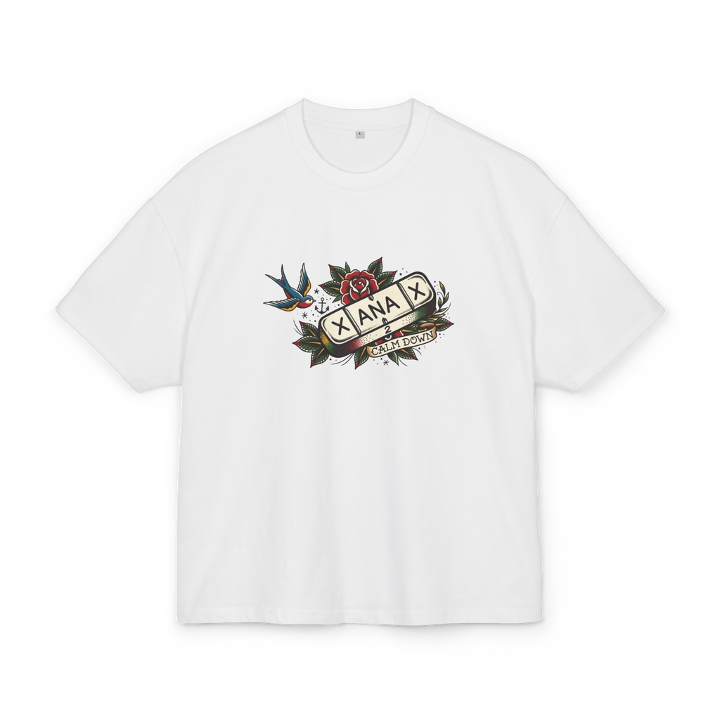 White boxy t-shirt with traditional tattoo flash print 'Love Kills Anxiety' - Swallows, roses, and pill bar design - Offnoir