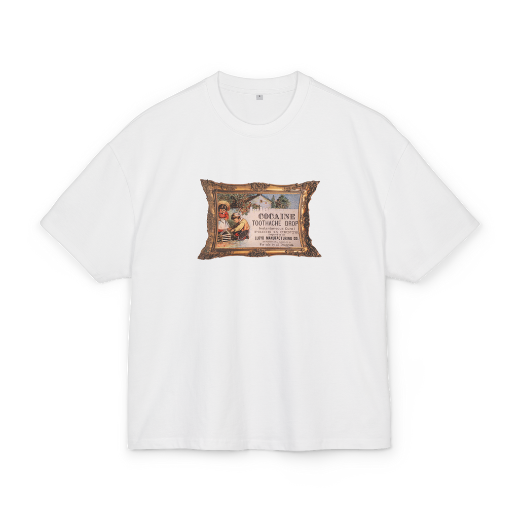 White heavyweight t-shirt with 'Cocaine Toothache Drops' vintage ad in a wooden frame - Historical trap aesthetic - Offnoir